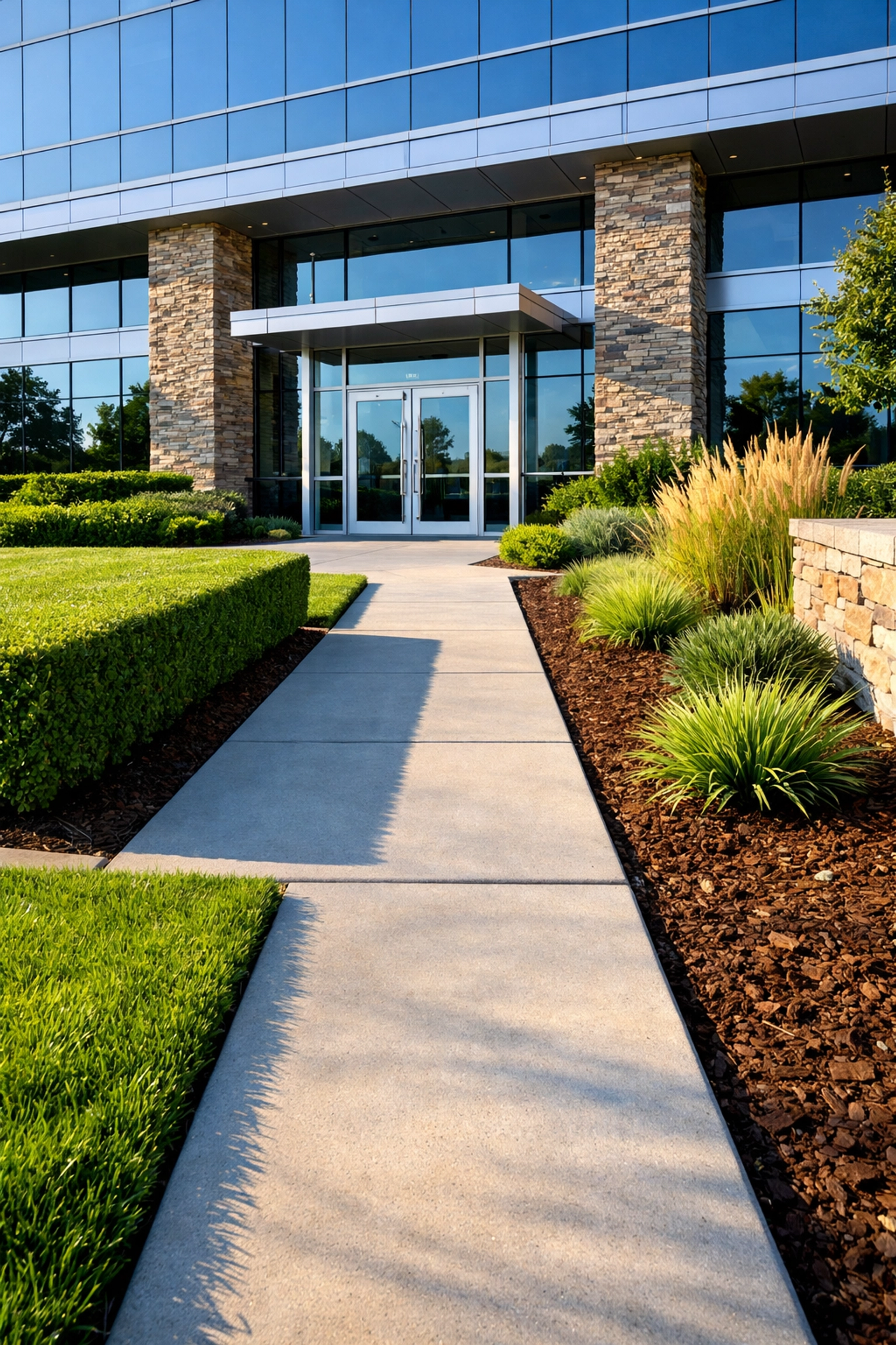 Modern commercial building entrance in Beachwood with professional landscaping and manicured grounds
