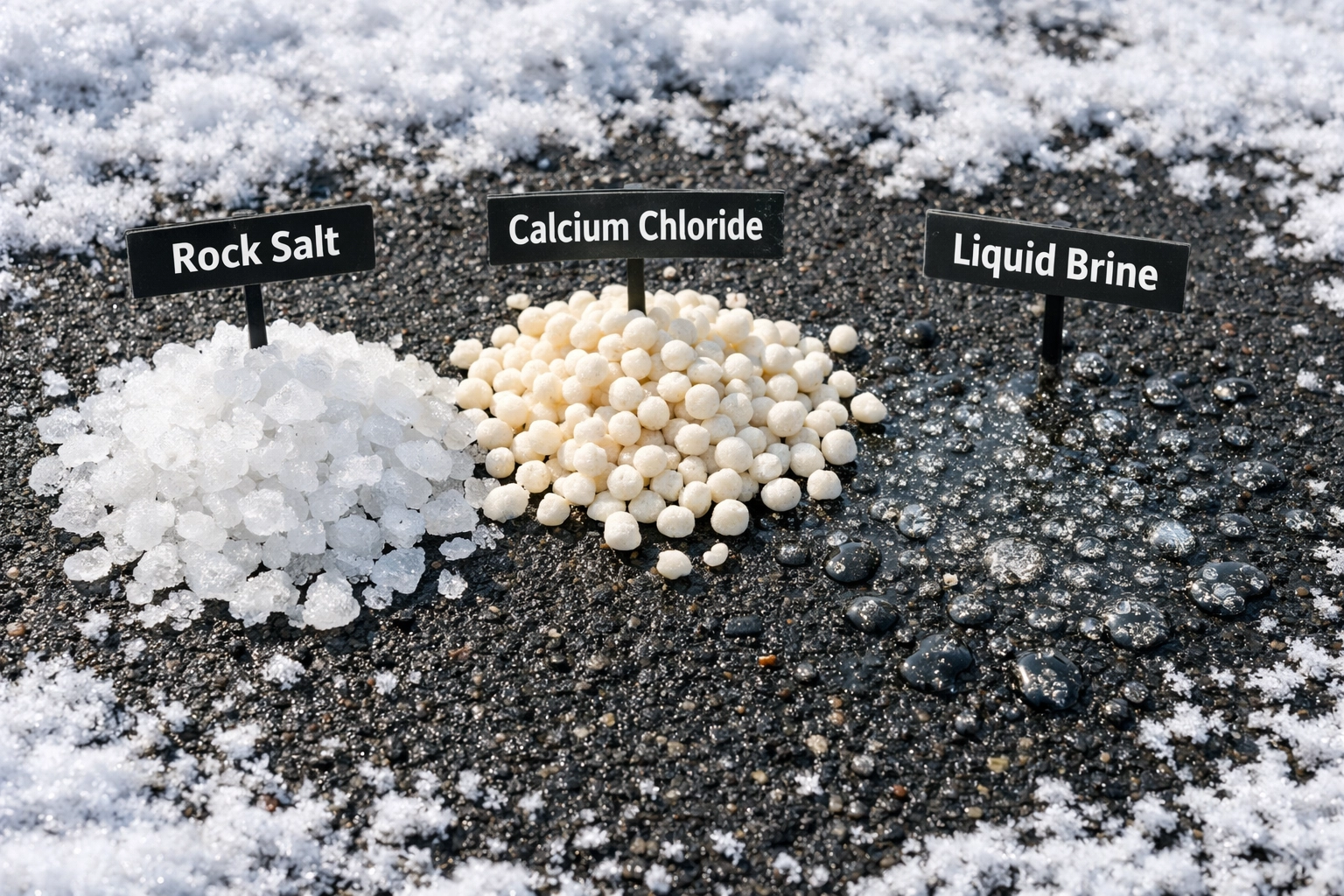 Comparison of ice melting materials: rock salt, calcium chloride, and liquid brine for winter