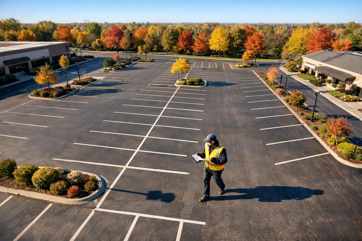 Property manager conducting pre-season winter assessment of commercial parking lot in Northeast Ohio