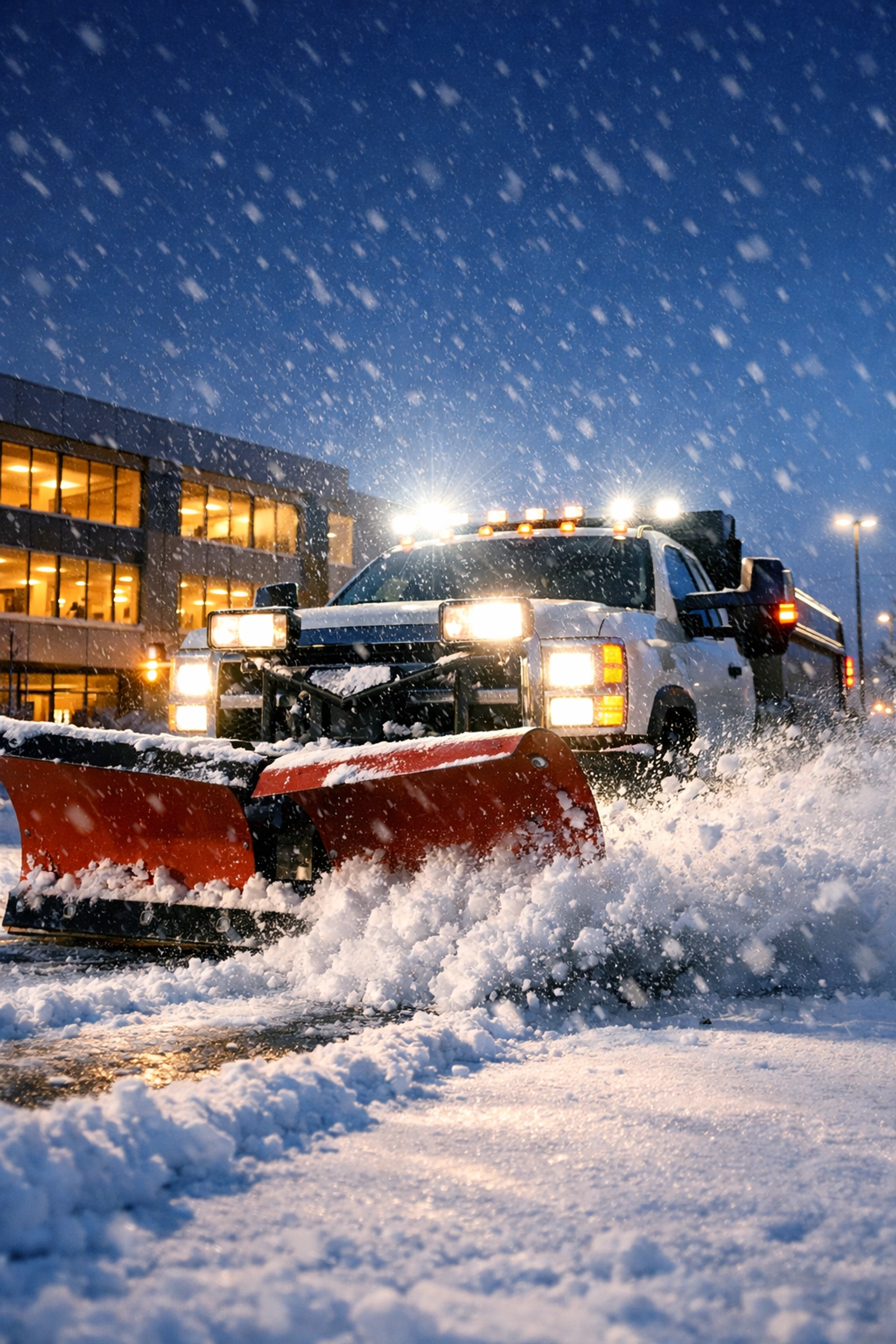 Commercial snow plow truck clearing office building parking lot during winter storm