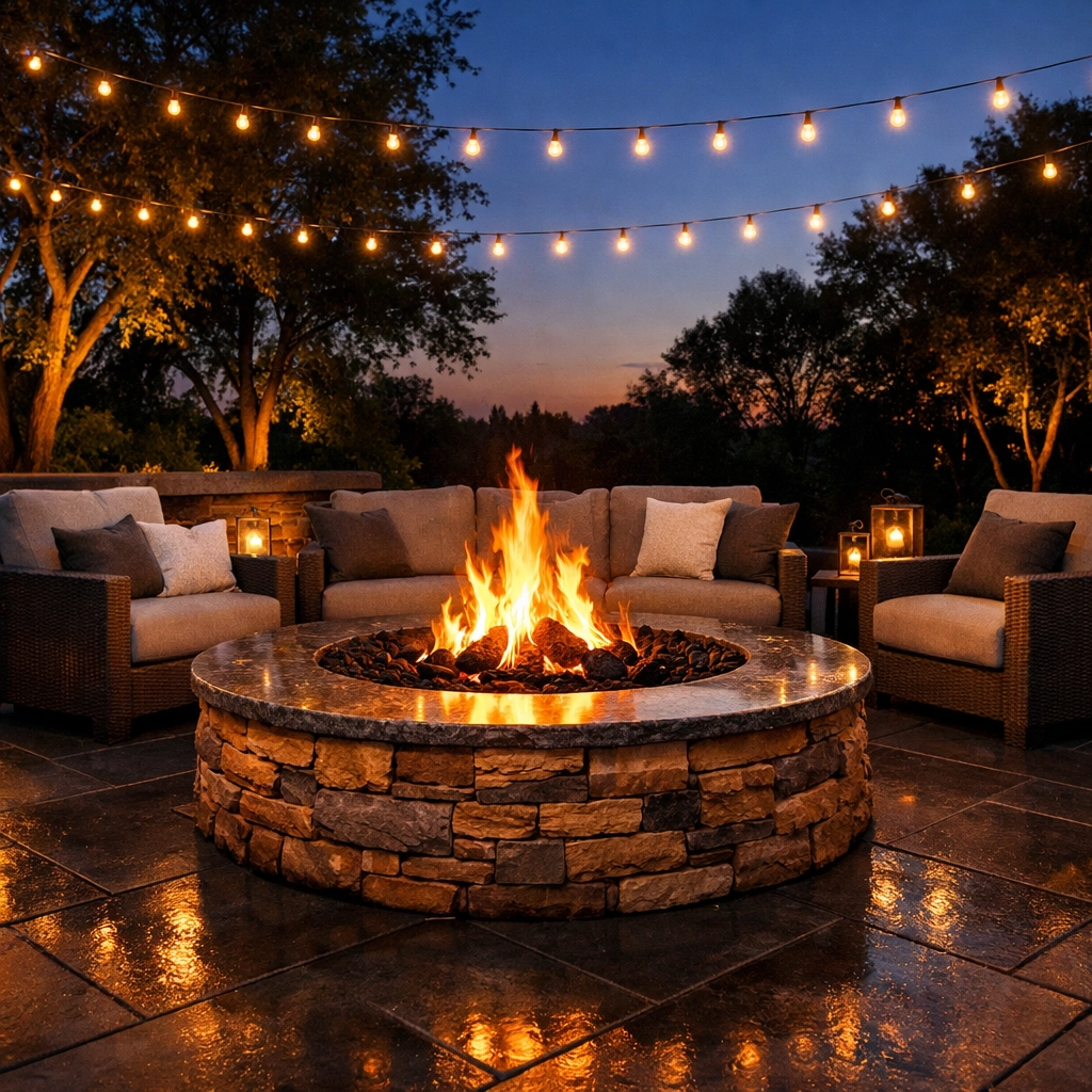 Luxury outdoor living space with stone fire pit and patio seating at dusk in Northeast Ohio