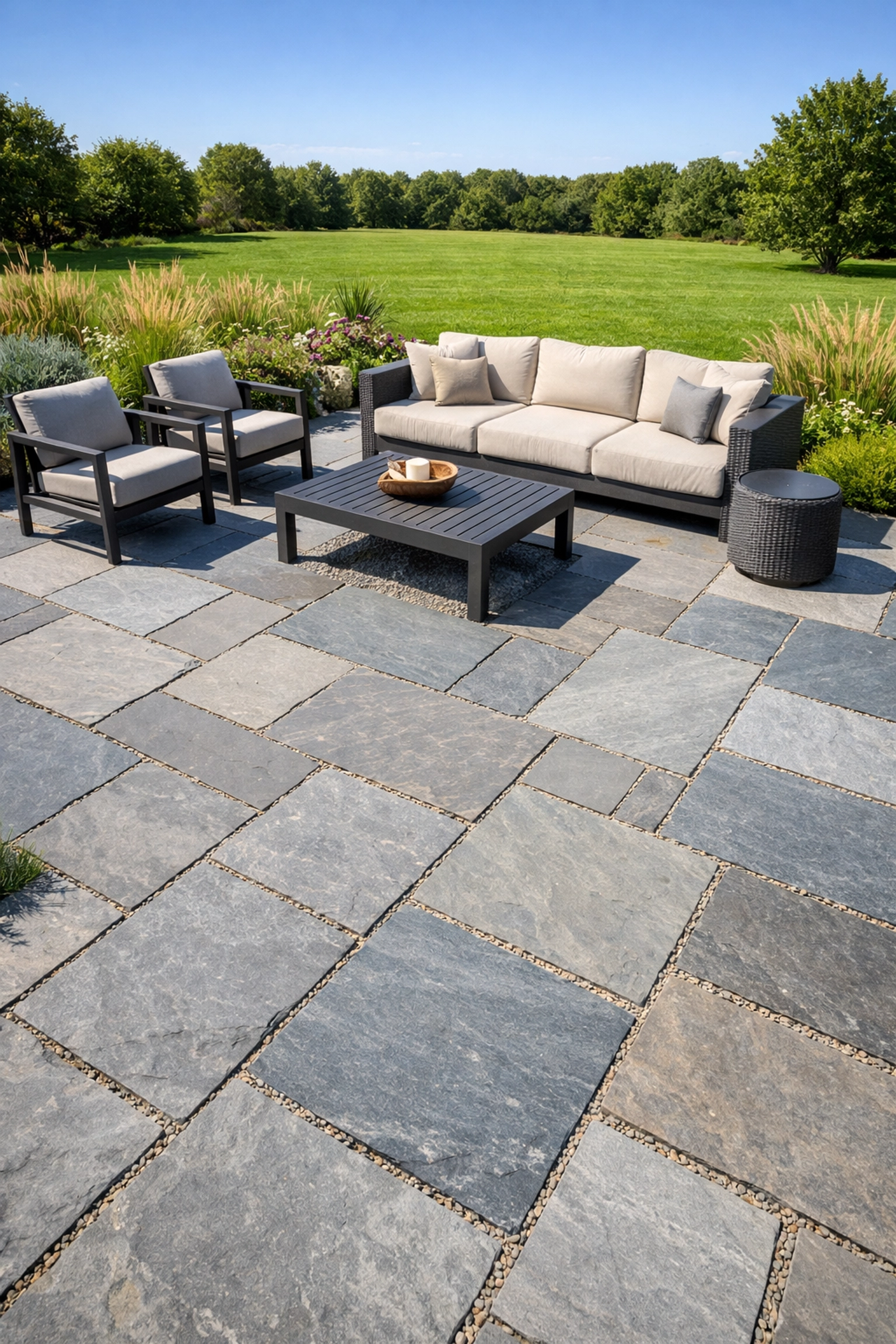 Bluestone patio with modern furniture and native perennial plantings in Northeast Ohio landscape