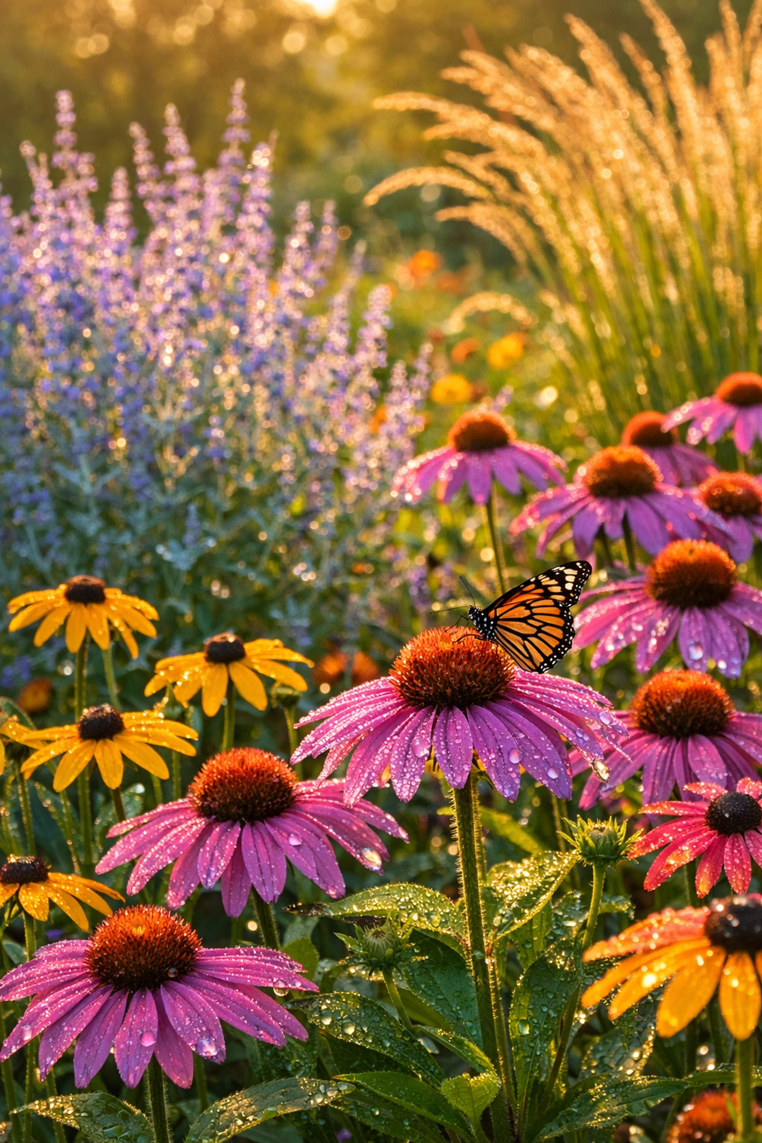 Native perennial garden featuring purple coneflowers and black-eyed susans in Northeast Ohio