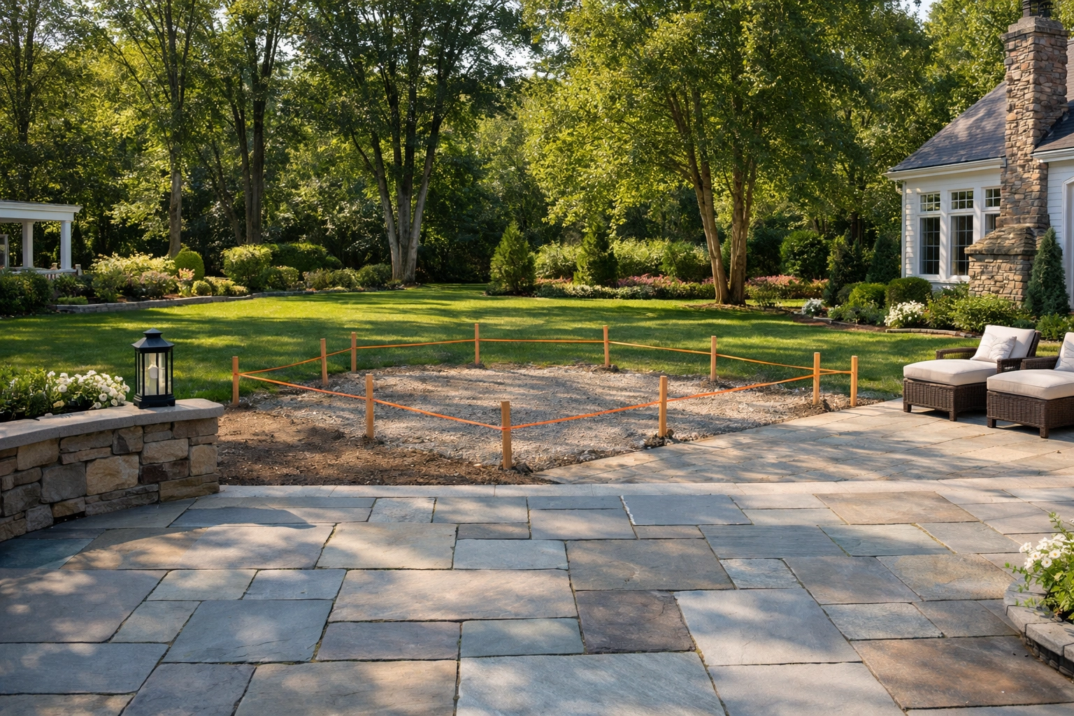 Custom stone patio in Gates Mills with future outdoor kitchen phase marked for construction