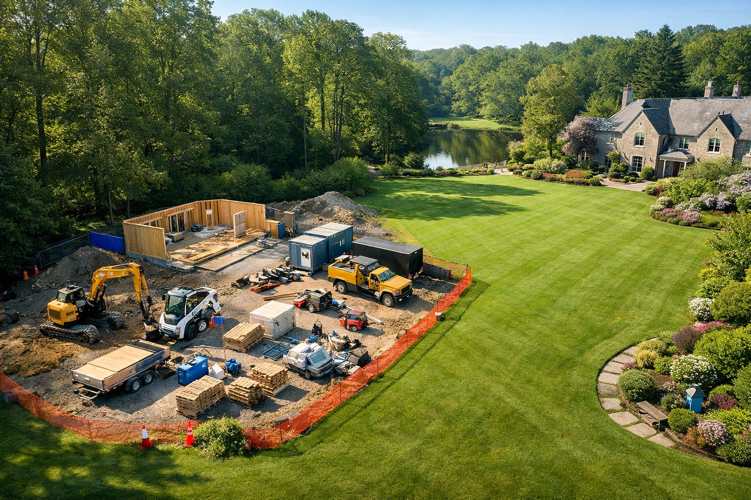 Organized hardscape construction site showing minimal disruption to Gates Mills estate