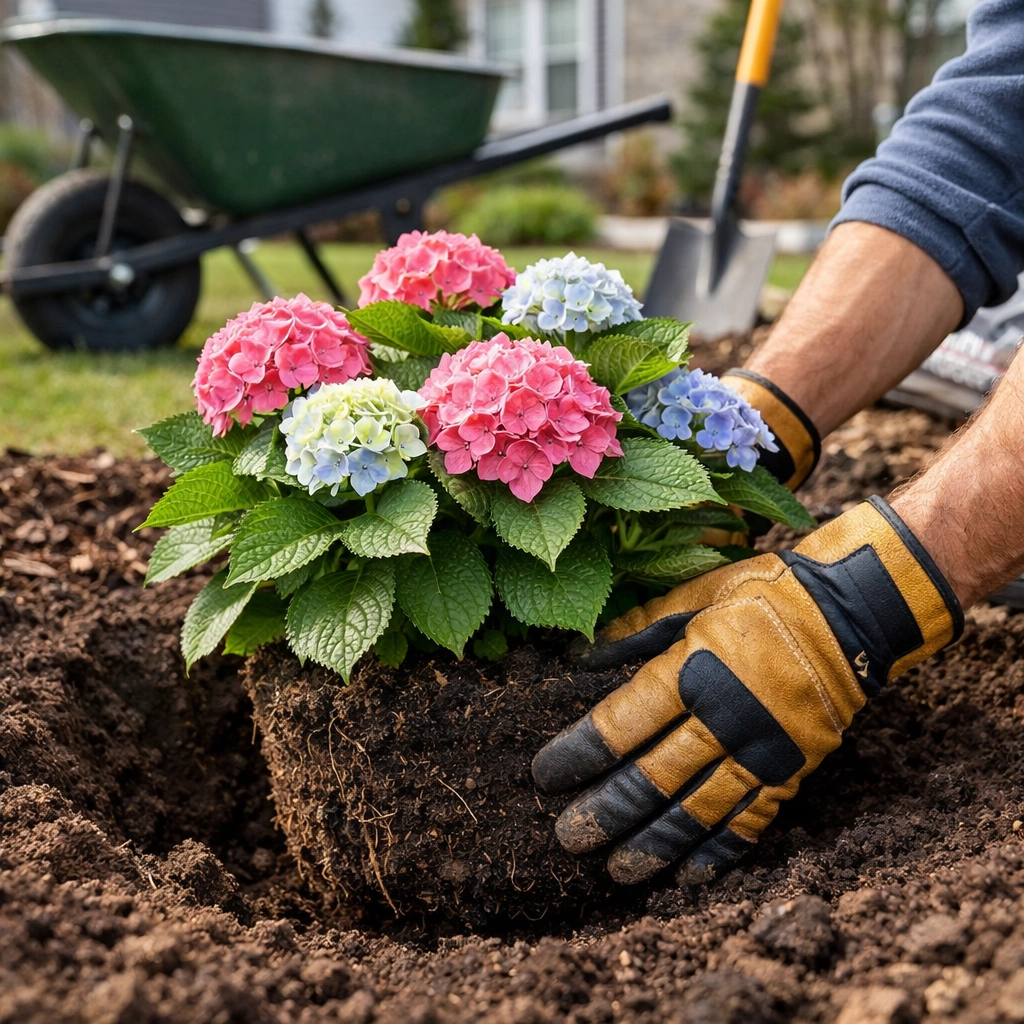 Professional landscaping team planting a hydrangea shrub to enhance spring property value in Beachwood.