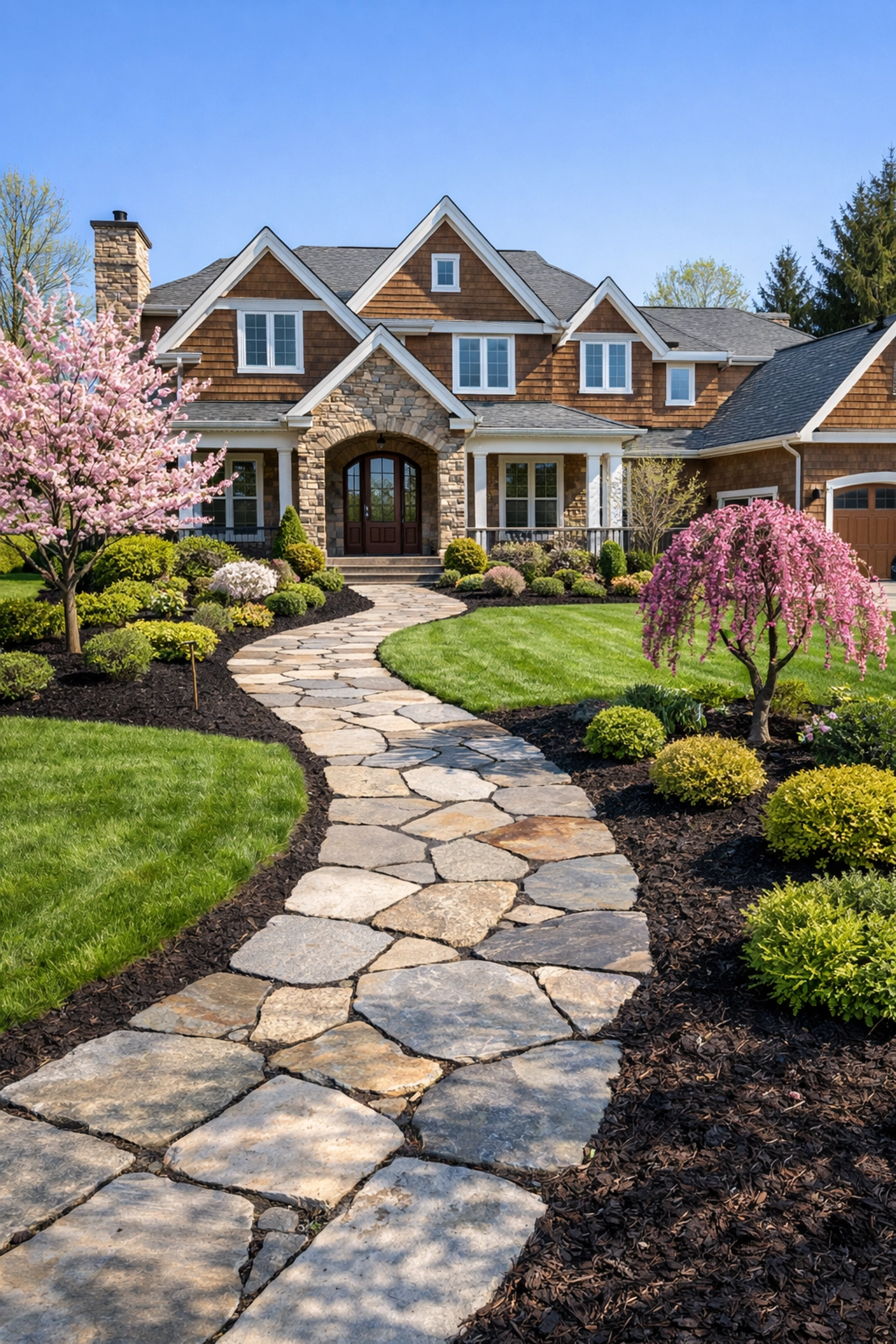 Luxury Beachwood home curb appeal featuring a natural stone path and spring landscape beds.
