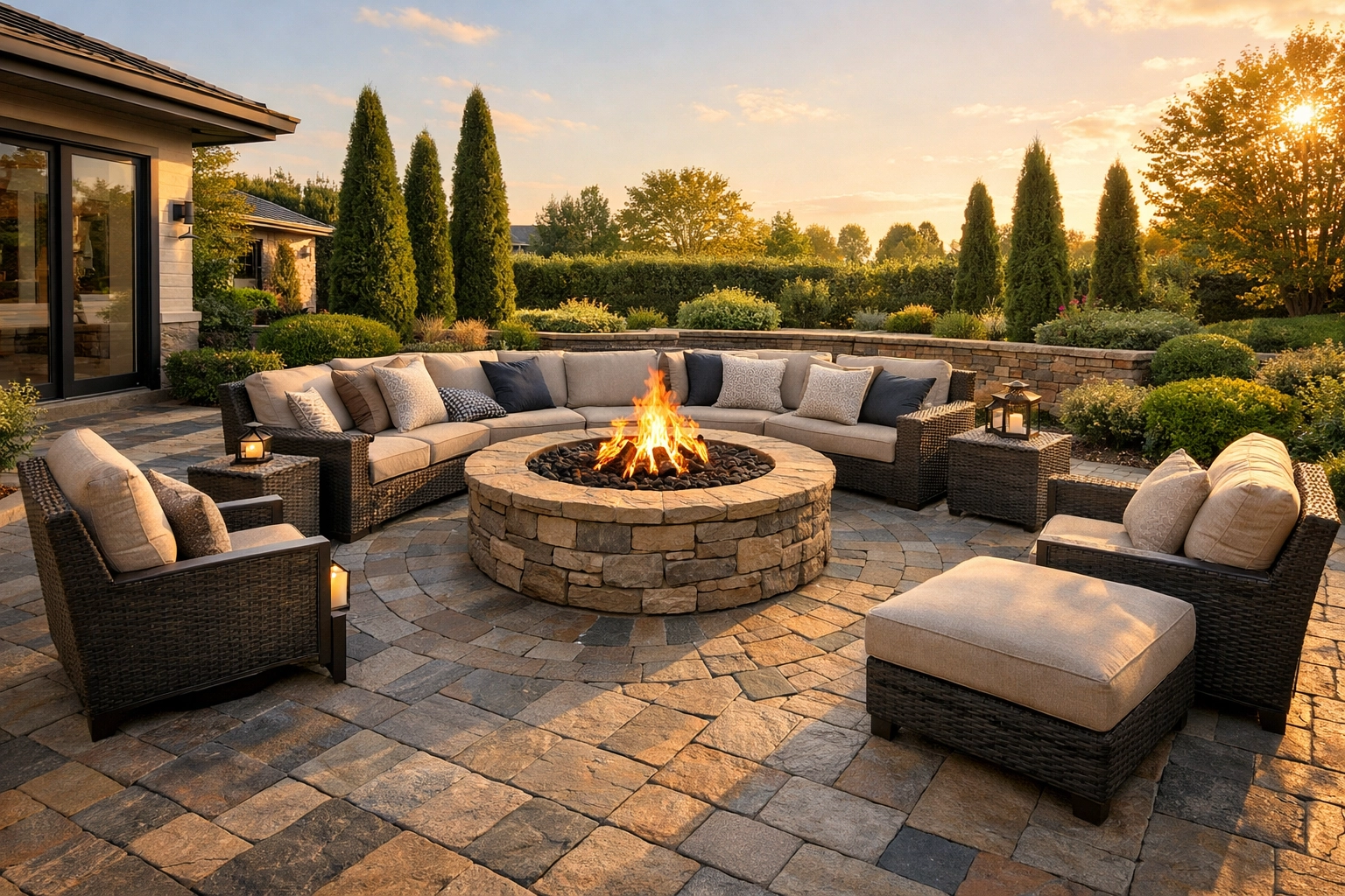 Luxury backyard patio with stone fire pit and professional hardscaping for increased home ROI.