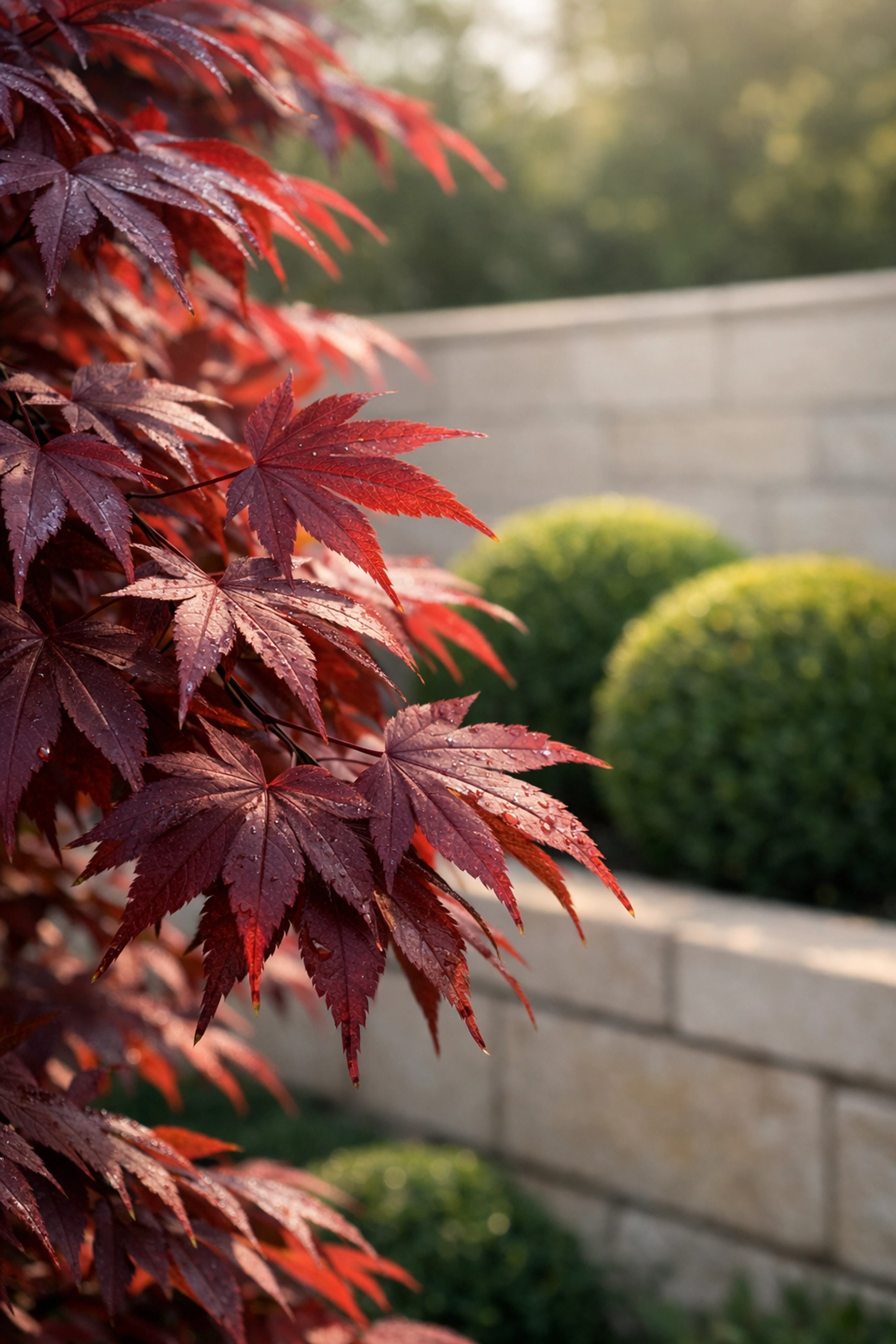 Bloodgood Japanese Maple and boxwood shrubs providing high-end landscape structure in Beachwood.