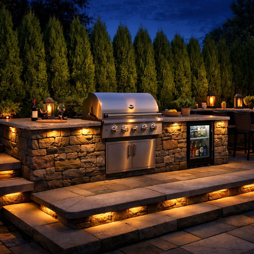 Luxury outdoor kitchen with integrated lighting and privacy landscaping in Macedonia.