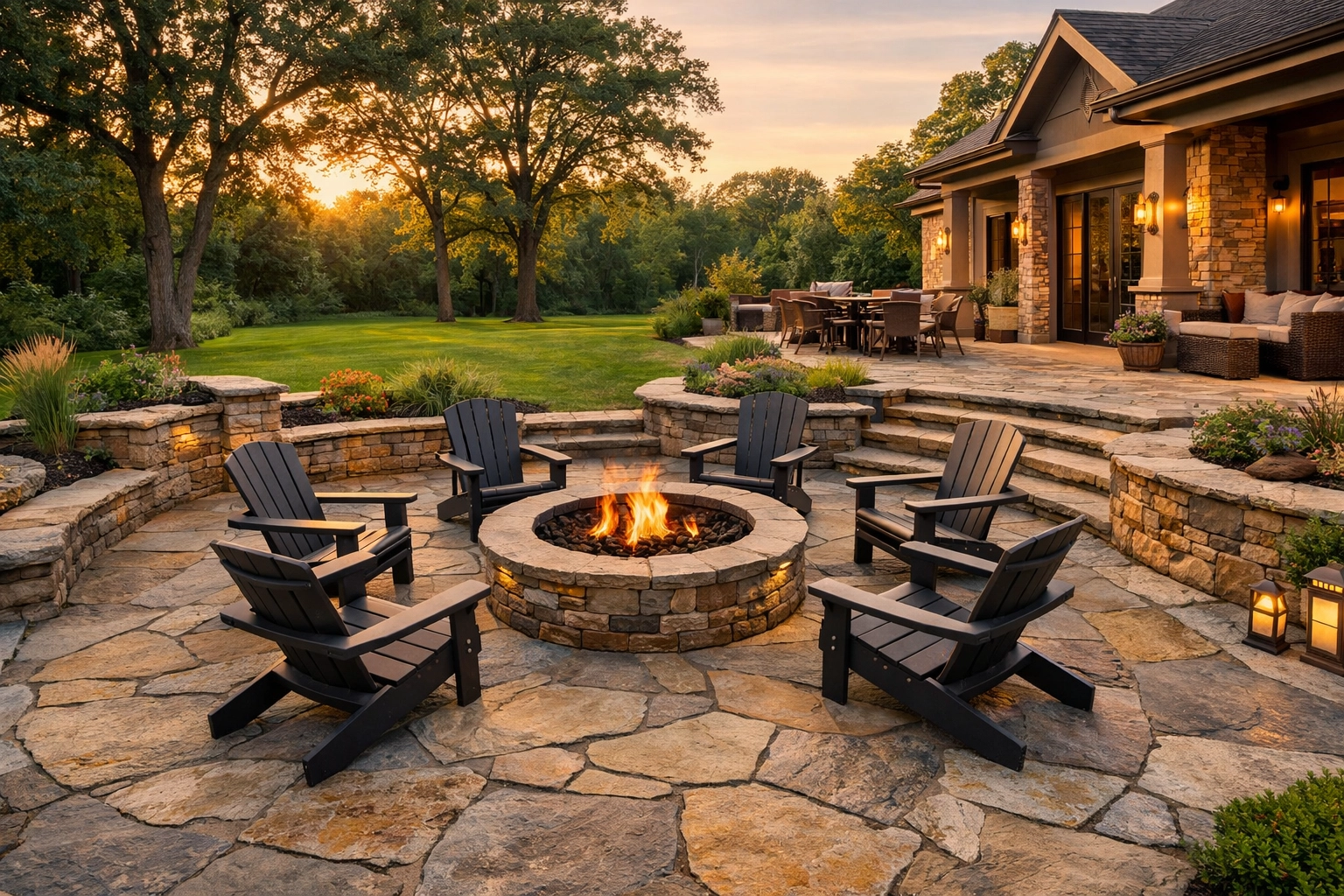 Custom flagstone patio and stone fire pit in a high-end Macedonia backyard.