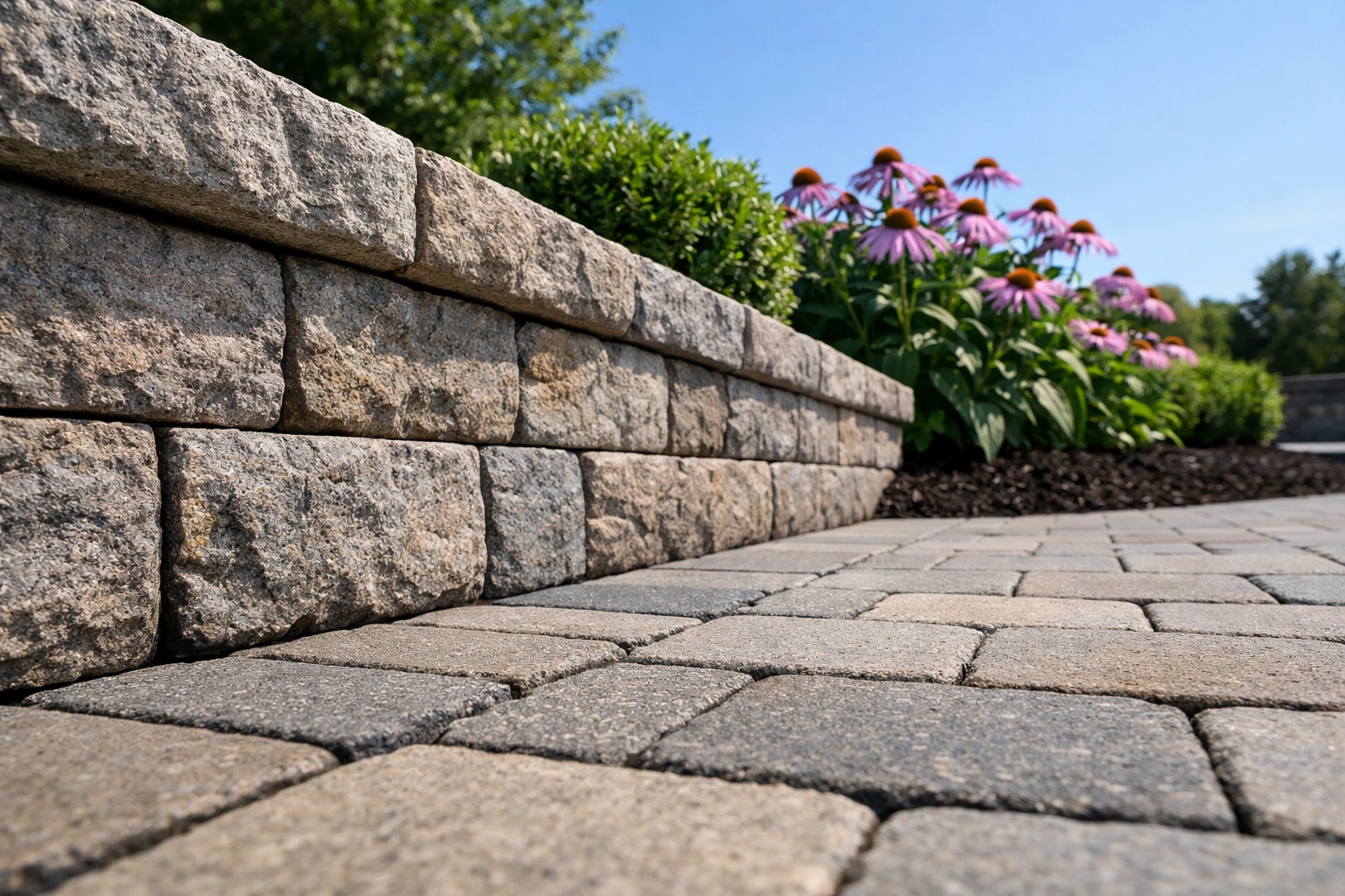 Upscale landscape design in Northeast Ohio featuring a stone retaining wall and walkway.
