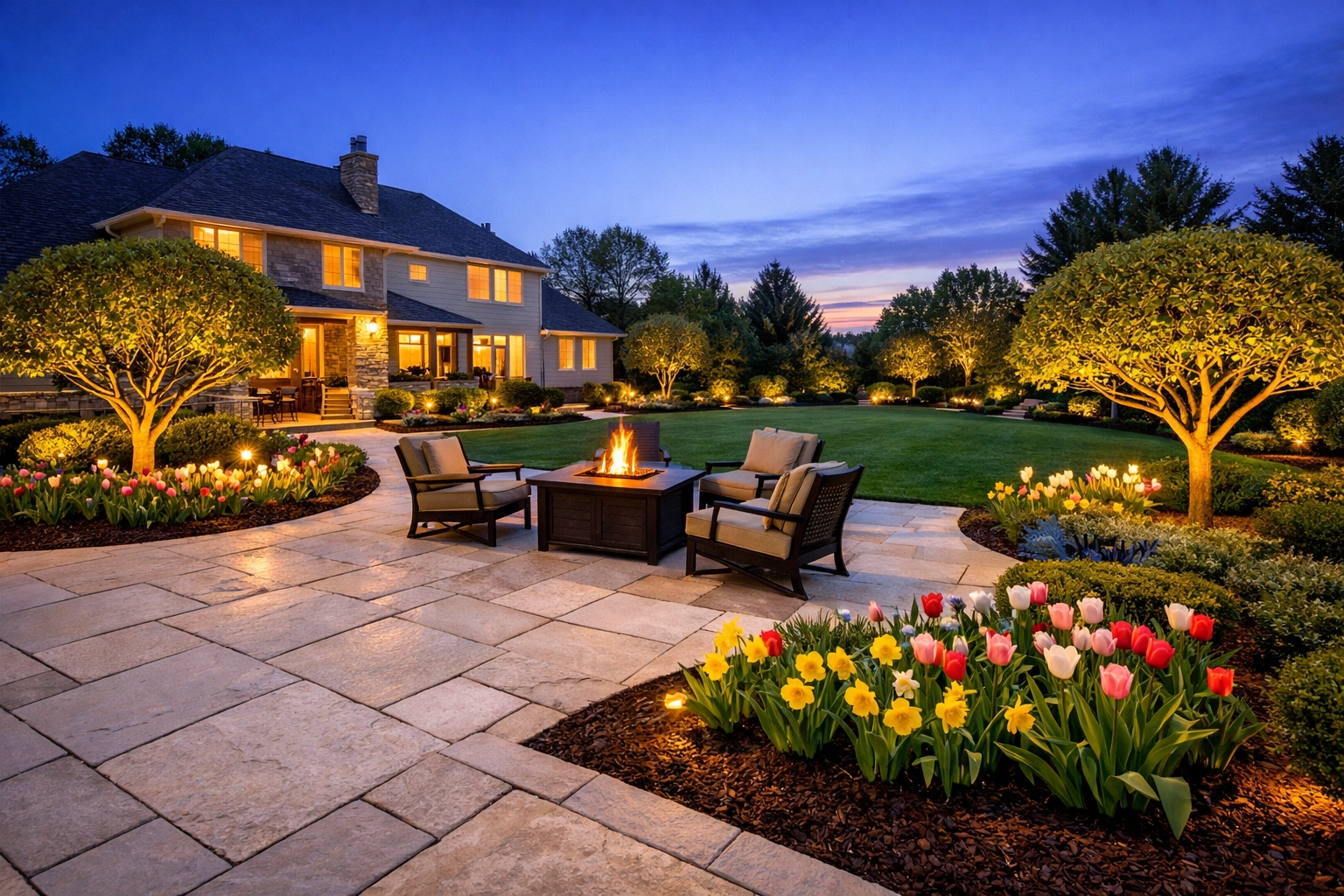 Stunning upscale landscape design in Northeast Ohio with a clean patio and spring gardens.