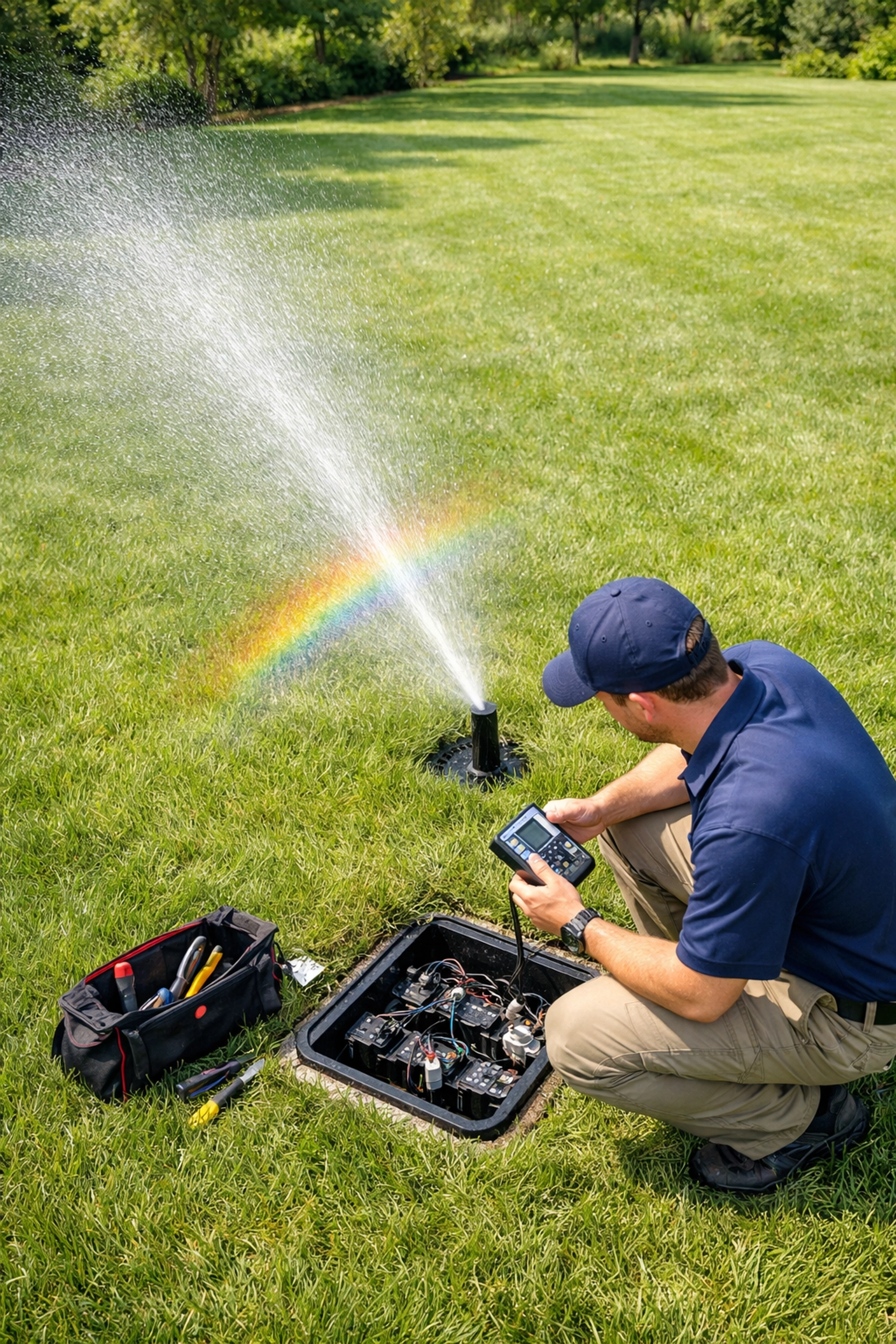 Irrigation system inspection and sprinkler head maintenance for a Gates Mills landscape.