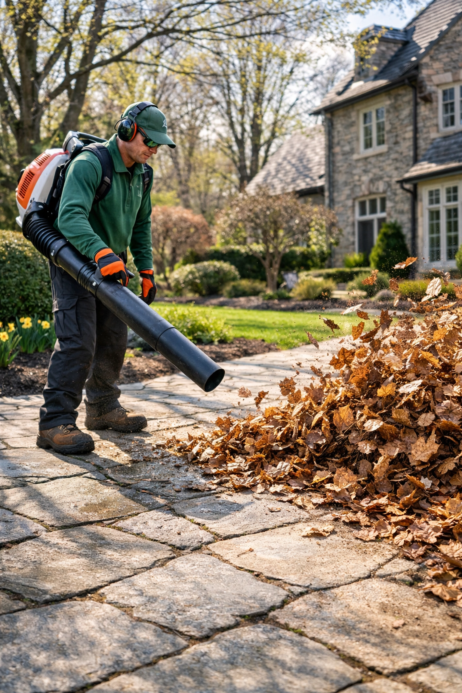 Professional landscape crew clearing winter debris from a stone walkway in Shaker Heights.