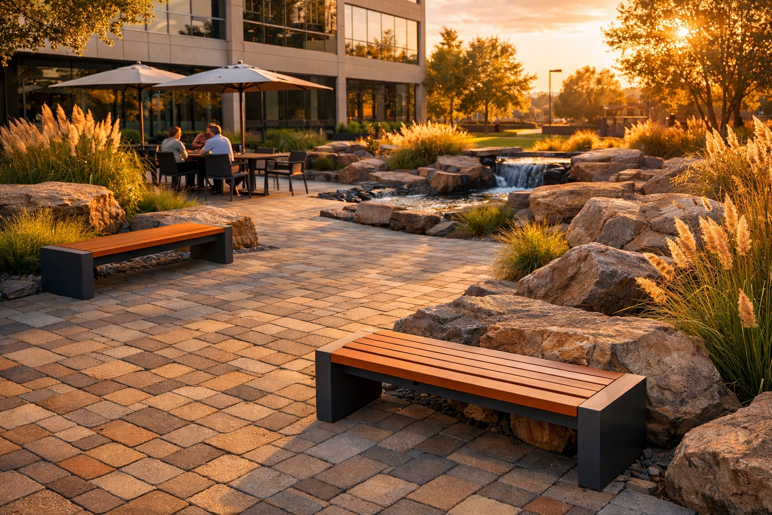 Premium outdoor break area with pavers and boulders to maximize commercial landscaping ROI.
