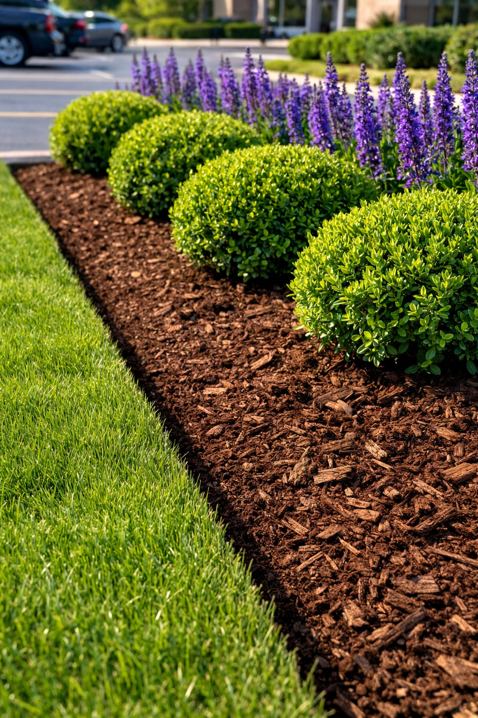 Commercial landscape maintenance on the SR 82 corridor featuring clean mulch and pruned shrubs.