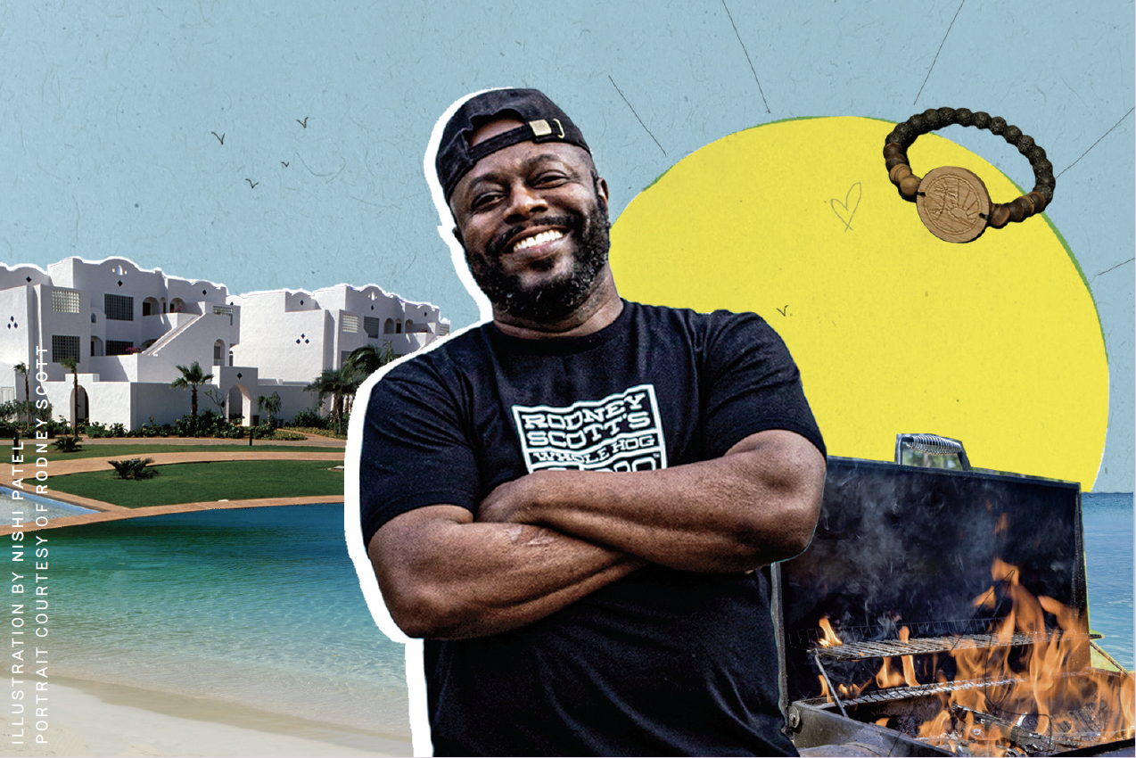 A collage that includes a portrait of Rodney Scott in front of a hotel, and barbeque pit with flames.