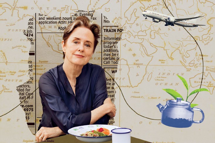 A collage that includes a portrait of Rodney Scott in front of a hotel, and barbeque pit with flames.