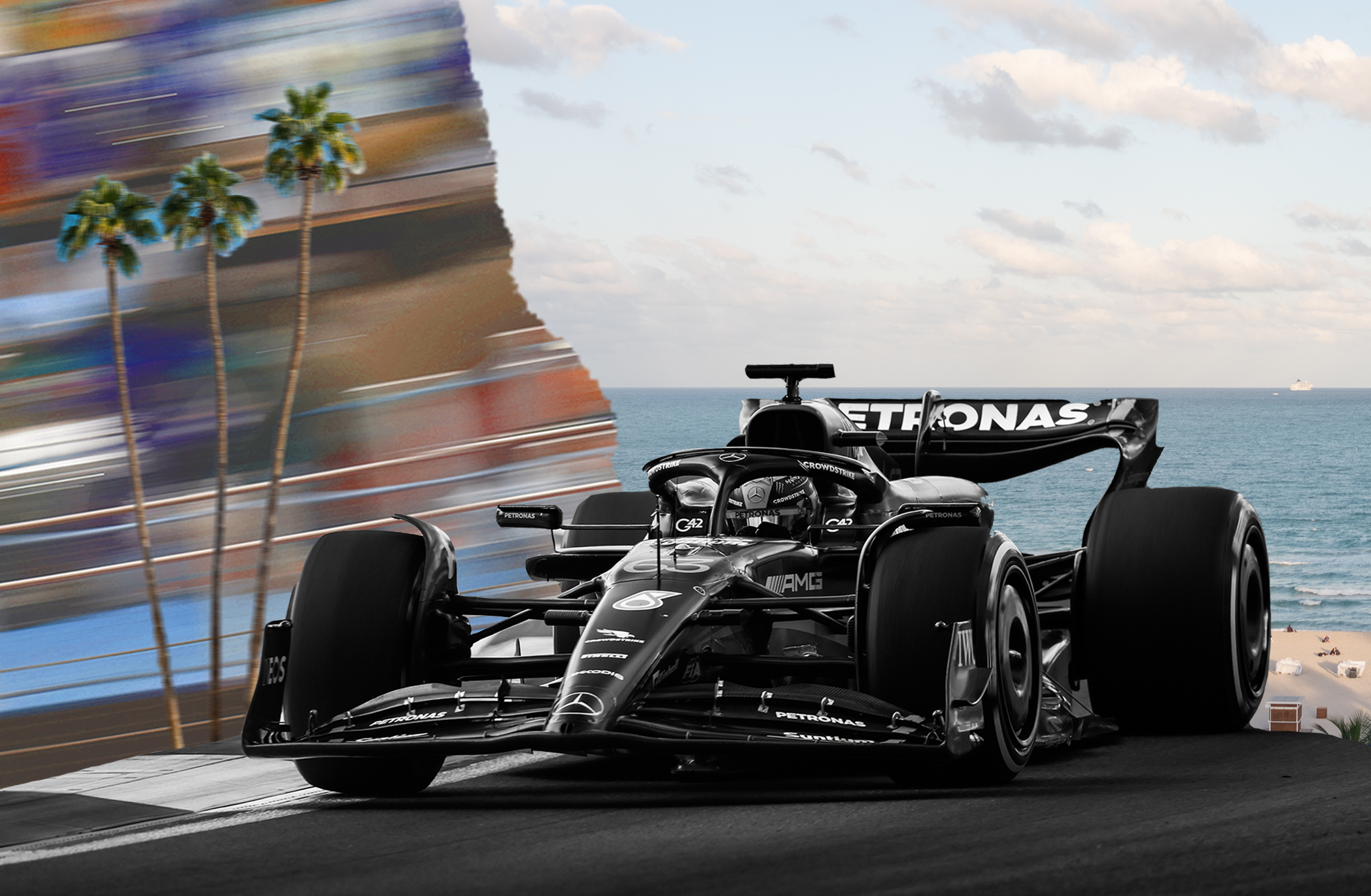 A collage that includes a portrait of Rodney Scott in front of a hotel, and barbeque pit with flames.