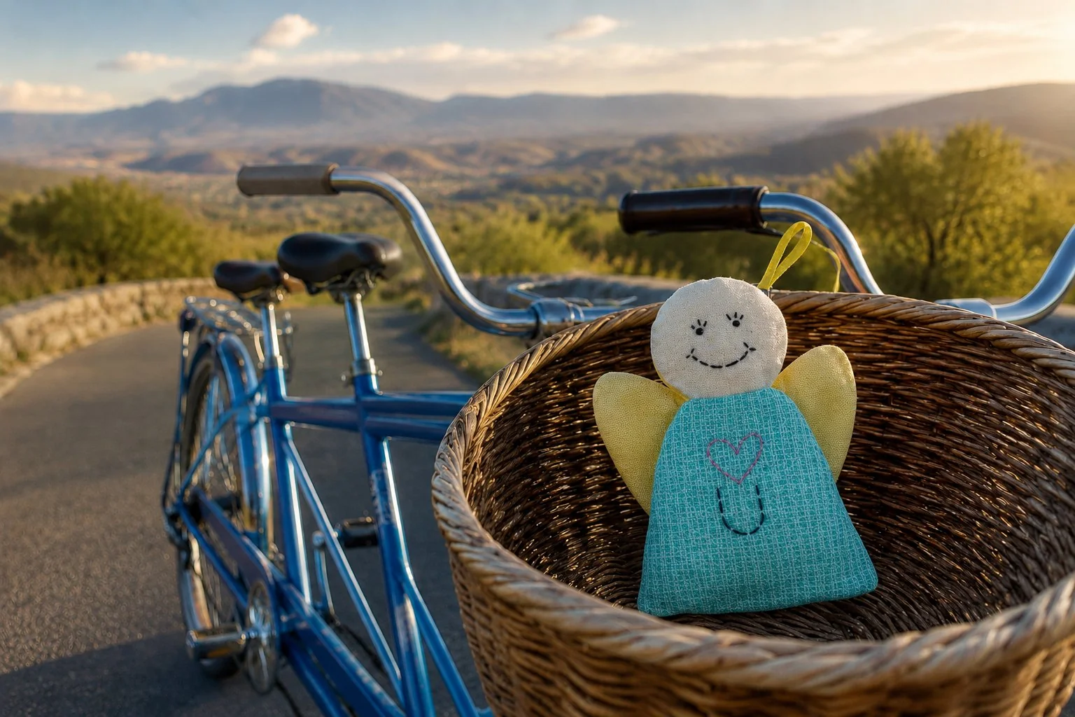 Handmade angel with a heart and U resting in the basket of a blue tandem bicycle