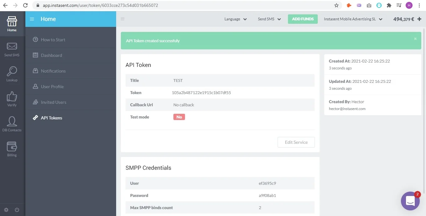 Instasent API Token