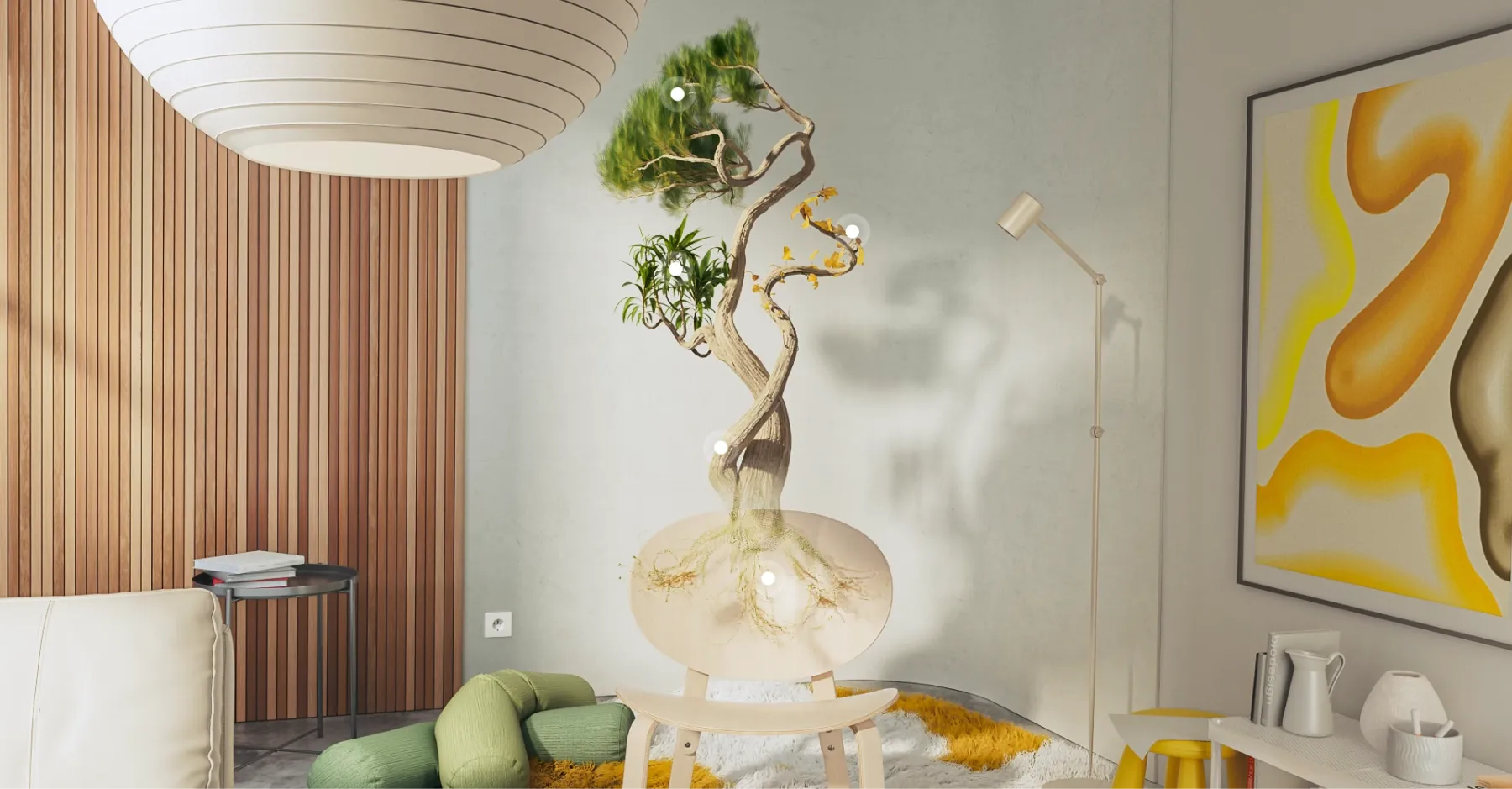 a virtual tree hovers over an IKEA wooden chair in a living room