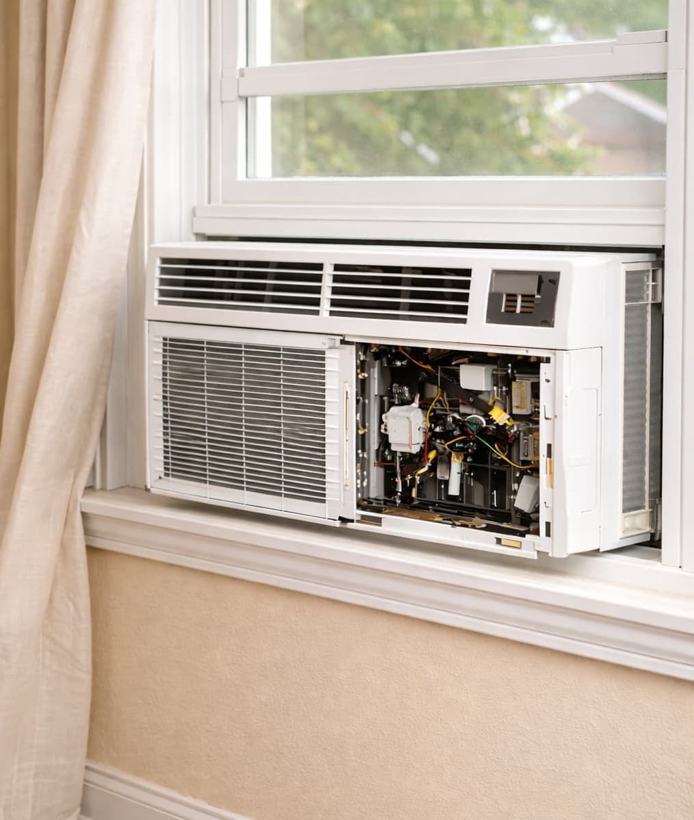 Window air conditioning unit installed in a window with its front panel partially removed, exposing internal components and wiring.