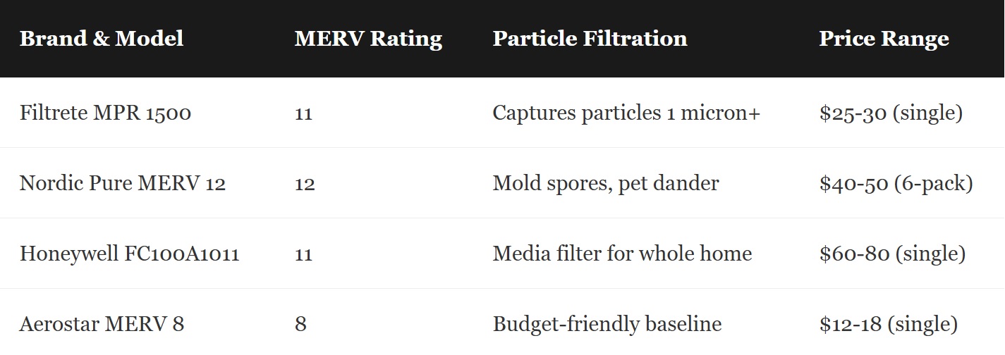 Table comparing air filters by Brand & Model, MERV Rating, Particle Filtration, and Price Range with four entries listed.
