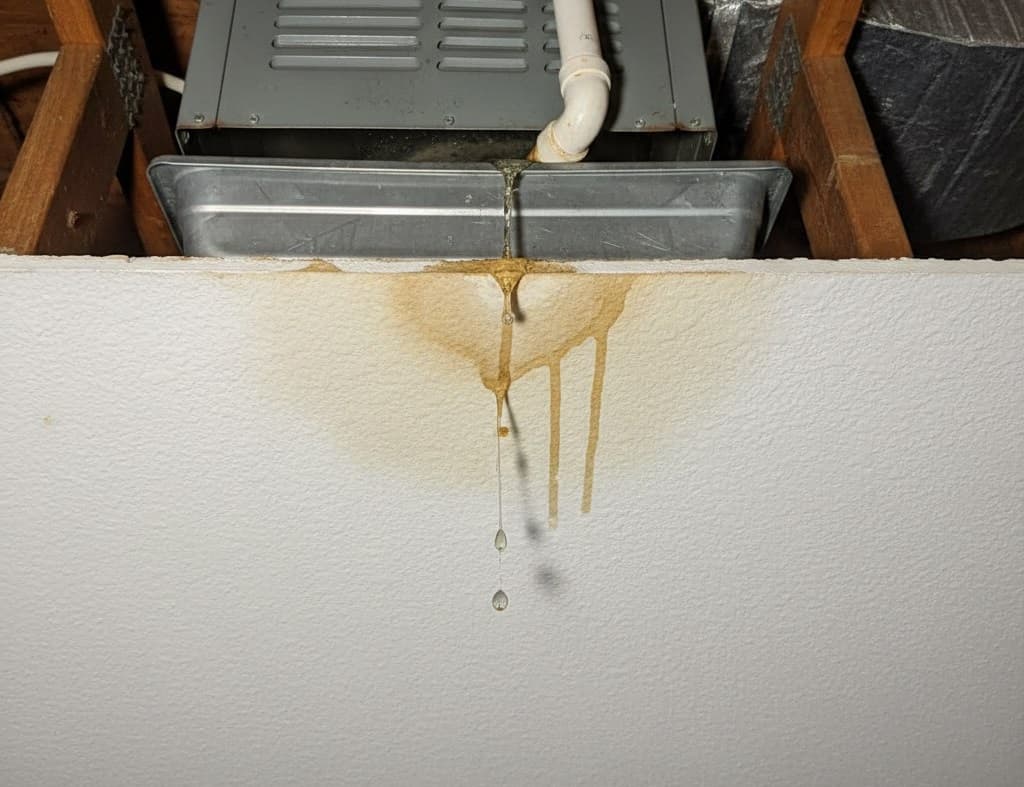 Water dripping from a HVAC filter, causing a large water stain and drip marks.