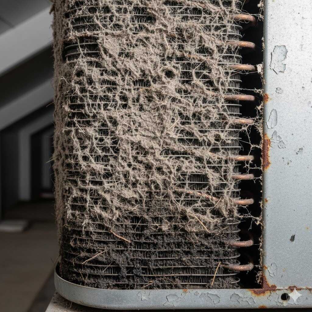 Close-up of a dirty, dusty HVAC coil filter with cobwebs and rust on the surrounding metal frame.