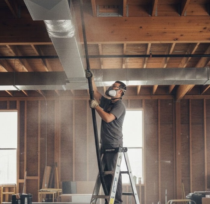 Worker wearing a mask and gloves standing on a ladder cleaning an air duct in an unfinished wooden ceiling room.