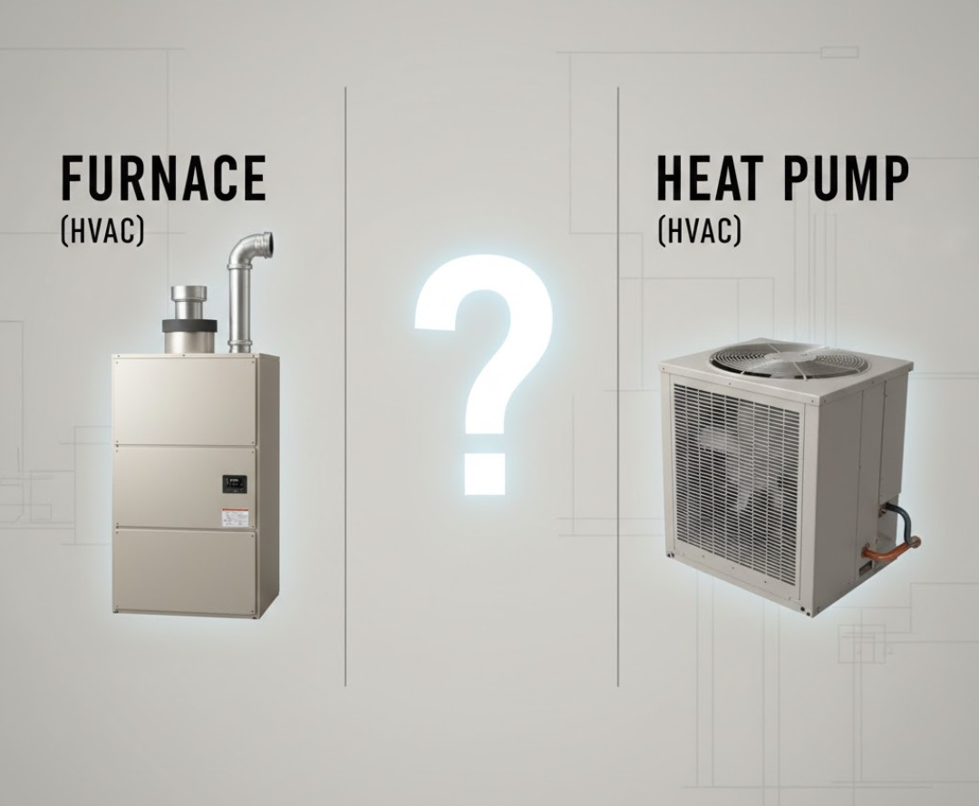 Comparison image featuring a furnace HVAC unit on the left and a heat pump HVAC unit on the right, separated by a glowing question mark in the center.