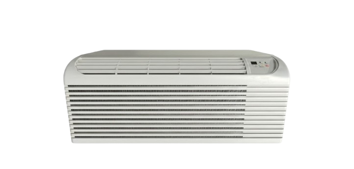 White rectangular window air conditioner unit with vents and control panel.