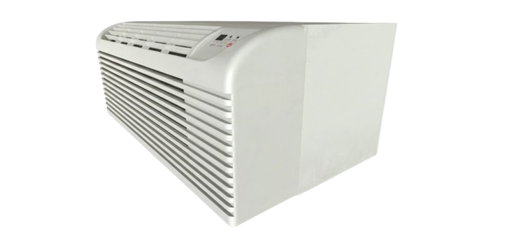 White window air conditioner unit with front air vents and control panel on top.