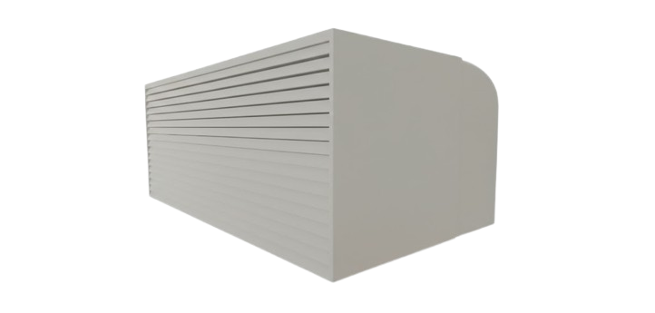 Rectangular beige air vent or heater cover with horizontal slats viewed at an angle.