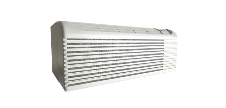 White horizontal window air conditioner unit with vents and control panel.