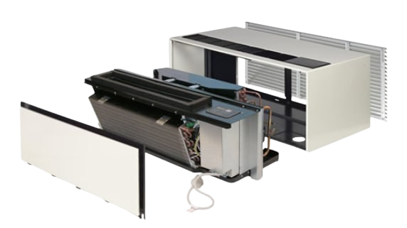 Disassembled white air conditioner unit showing front panel, internal components, and outer casing.
