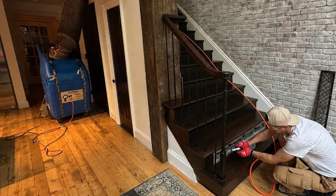 Professional HVAC technitians performing air duct cleaning in appartment