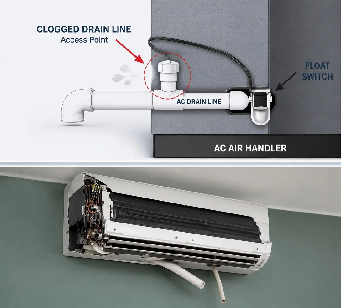 Clogged AC drain line diagram and ductless mini-split indoor unit with visible condensate drain hose