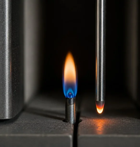 Blue pilot light flame burning inside a gas furnace ignition system