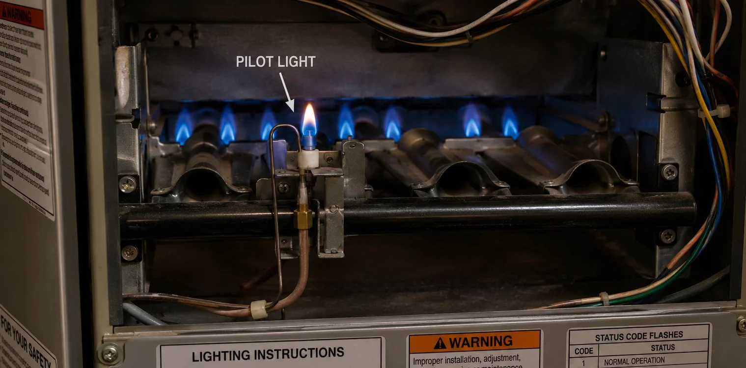 Furnace pilot light and gas burners inside a residential heating system