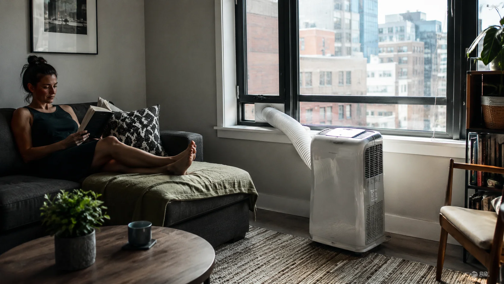 Woman relaxing beside a portable AC unit used as a temporary cooling solution after the central air conditioner breaks