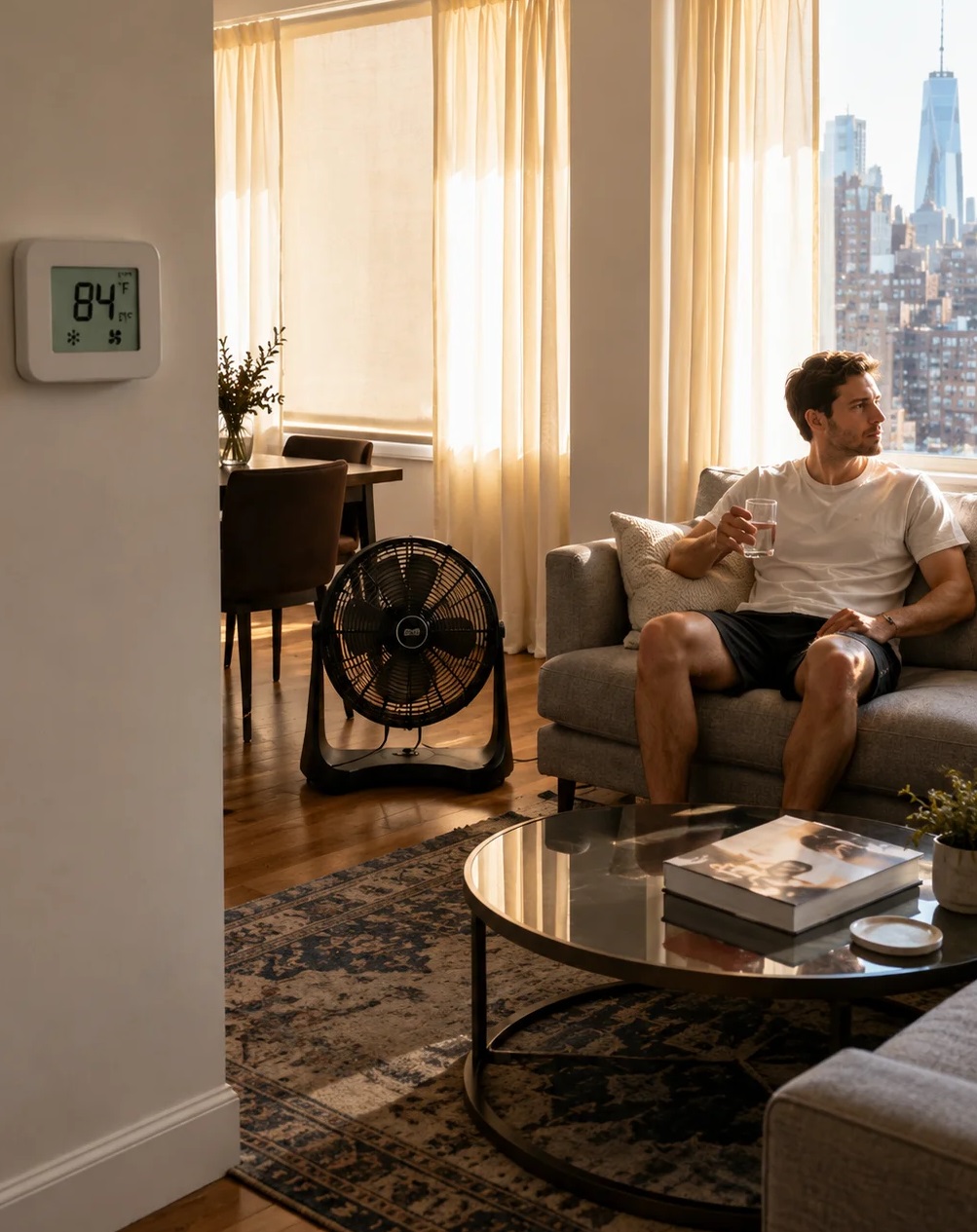 Man sitting with a glass of water beside a floor fan while trying to quickly cool a hot apartment after the central AC breaks