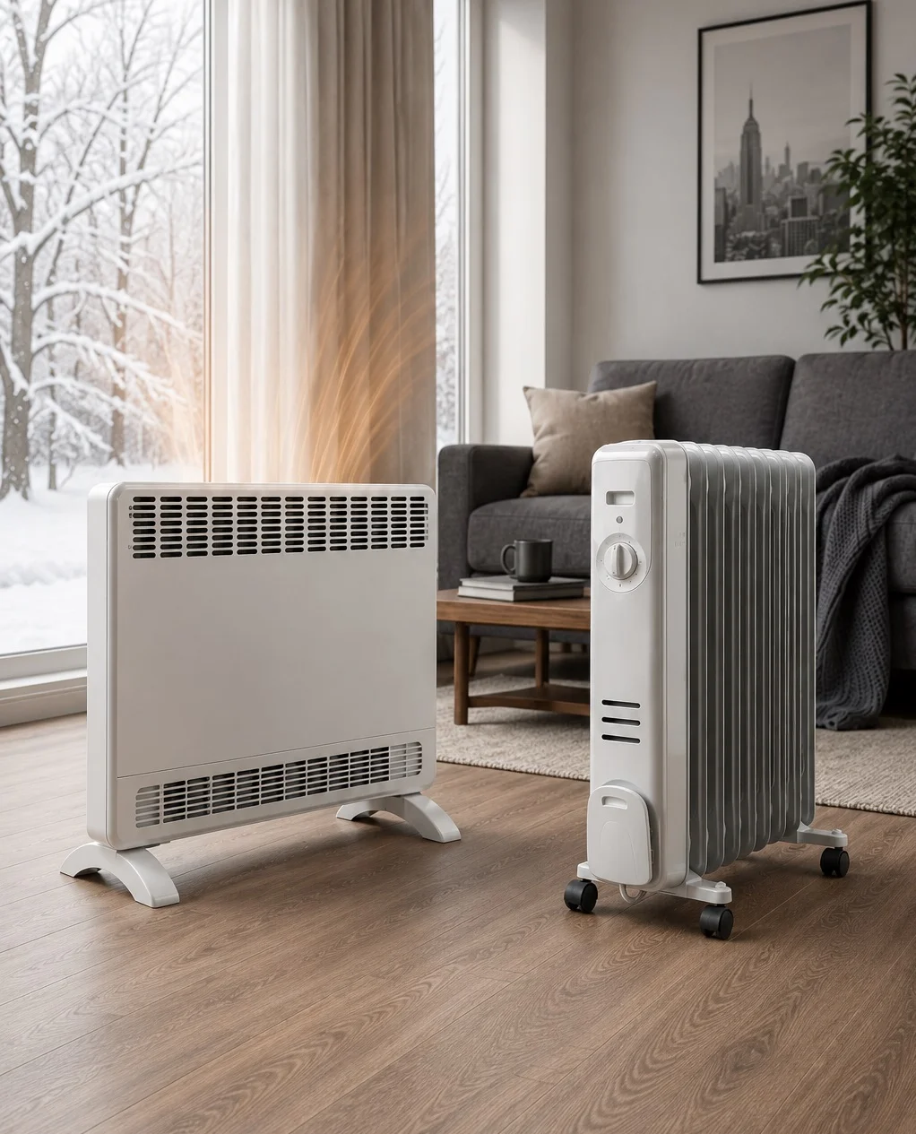 Standard electric convection heater and oil-filled radiator compared in a modern living room during winter