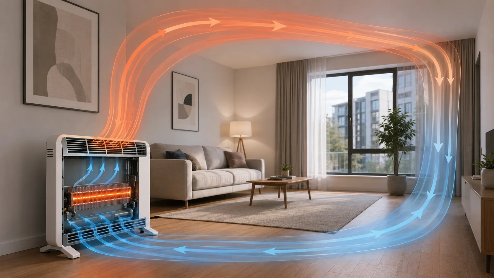 Electric convection heater drawing cool air through the lower vents and circulating warm air around the room