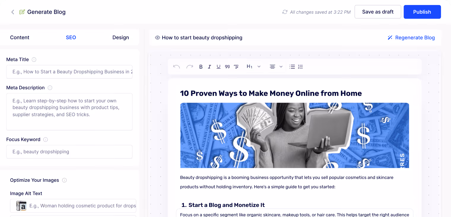 Quickly create concise, SEO-optimized Blog Posts.