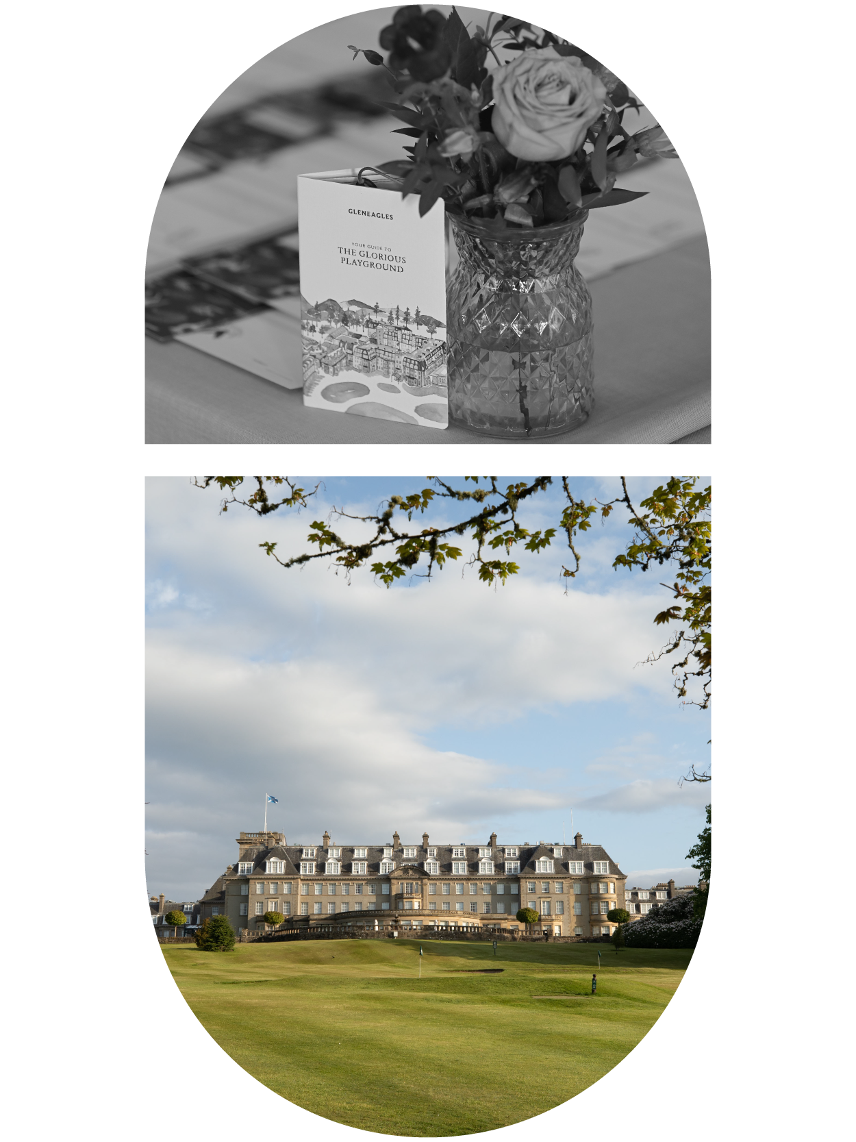 An exterior view of the Gleneagles Hotel and a program flyer.