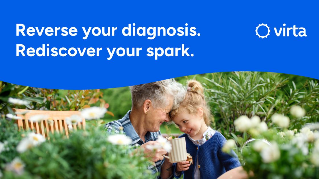 Virta banner reading Reverse your diagnosis, rediscover your spark, above an older man and a young girl gardening among white flowers