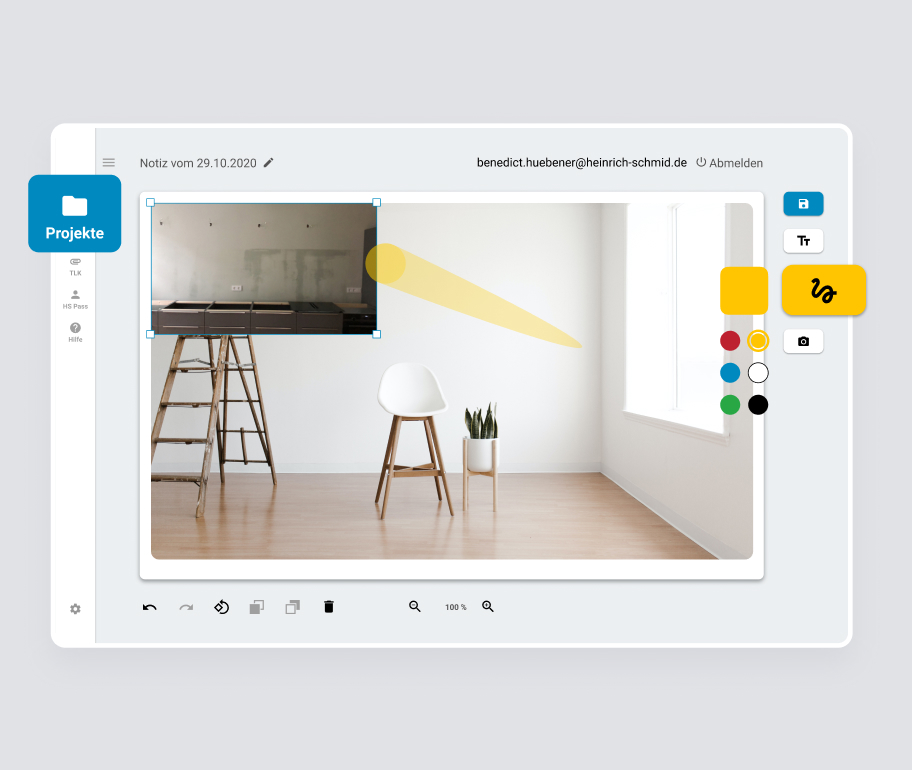 A digital platform showing an open project folder with a minimalist design, featuring a workspace and an annotation tool.